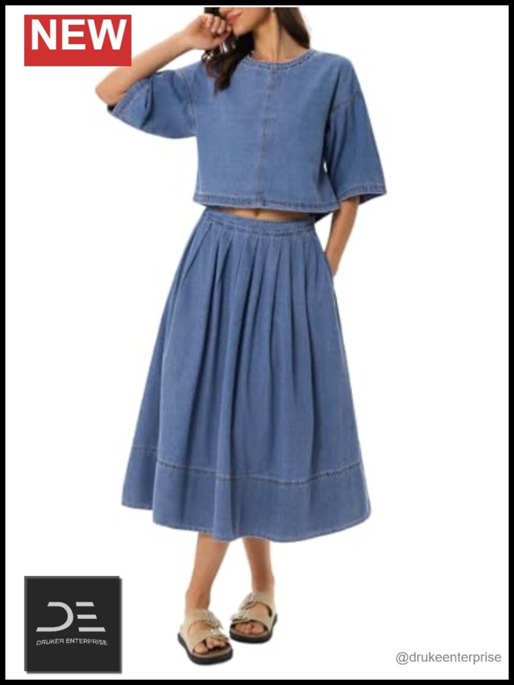 Kedera Women's 2 Piece Denim Skirt Set Short Sleeve Midi Skirt Travel Outfit